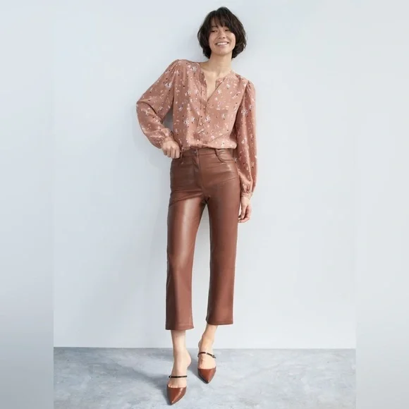 NWT Wilfred Pants Melina Crop Cognac Brown Faux Leather Sz. 8 - Picture 1 of 14